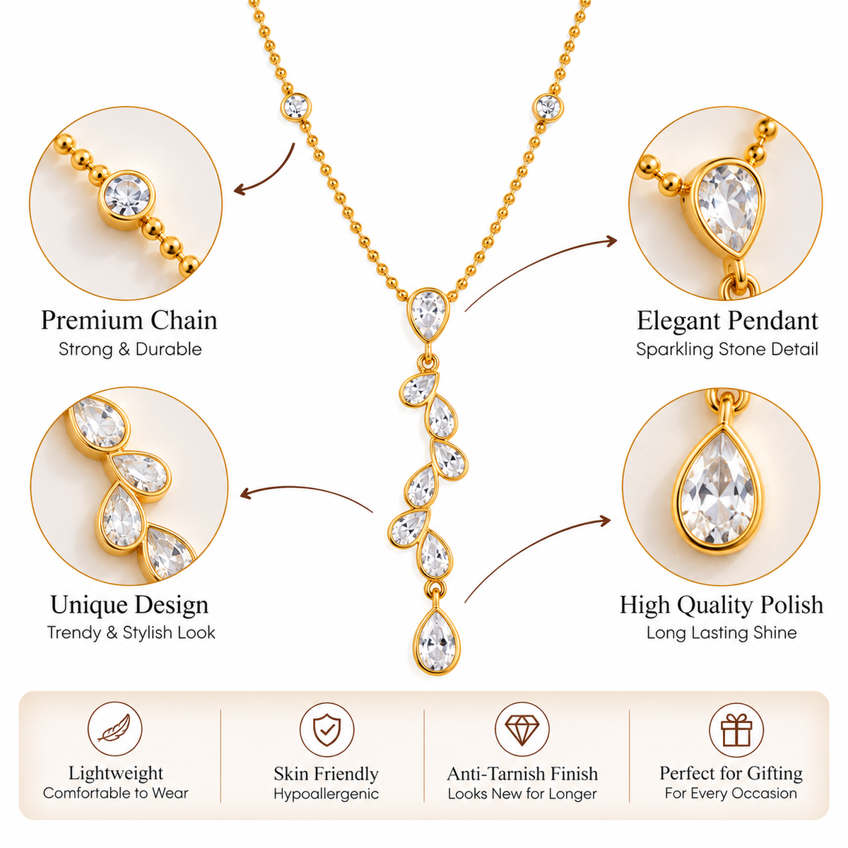 Gold-Tone Teardrop Crystal Pendant Necklace for Women