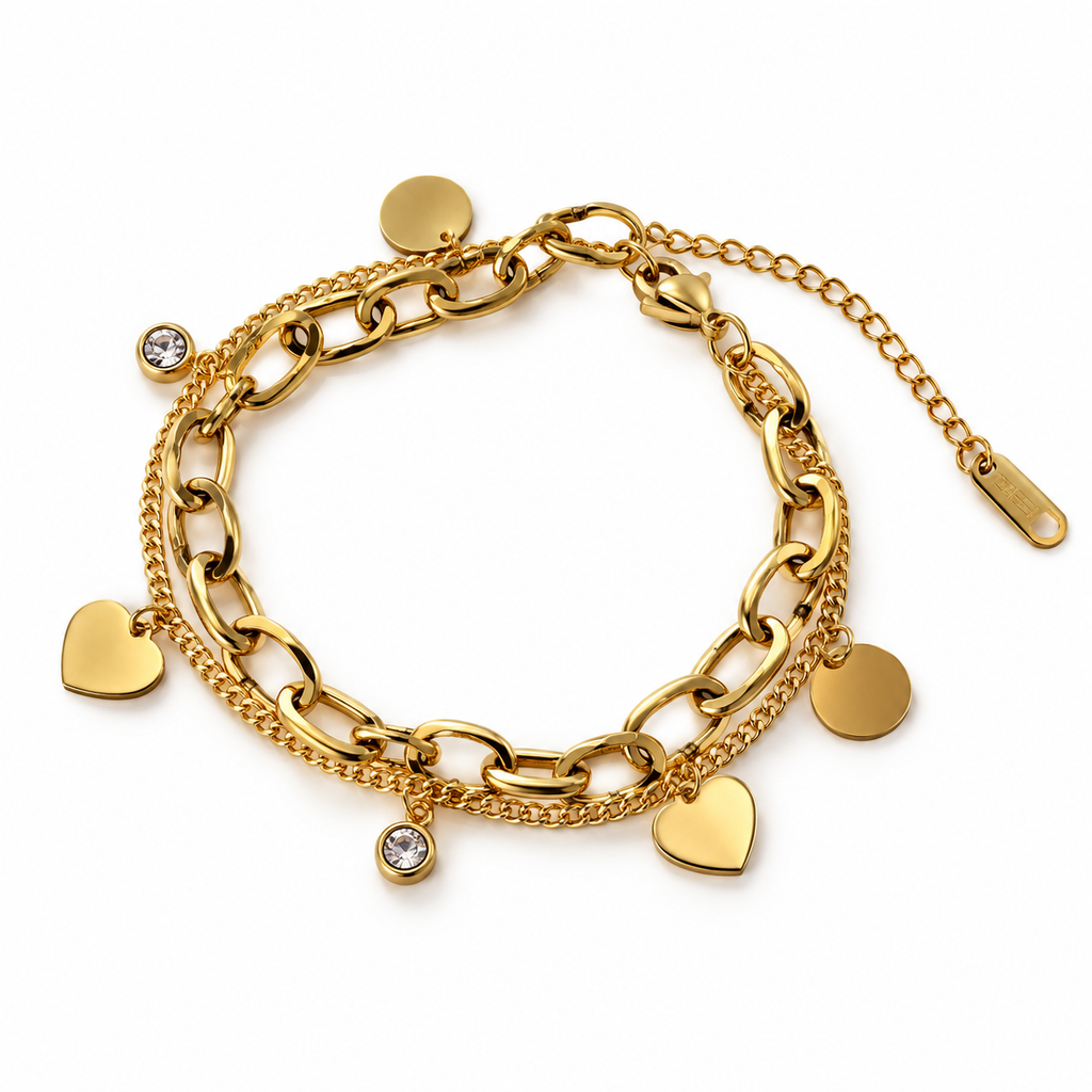 Gold-Tone Multi-Layer Heart & Crystal Charm Bracelet