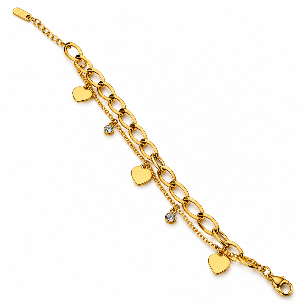 Gold-Tone Multi-Layer Heart & Crystal Charm Bracelet