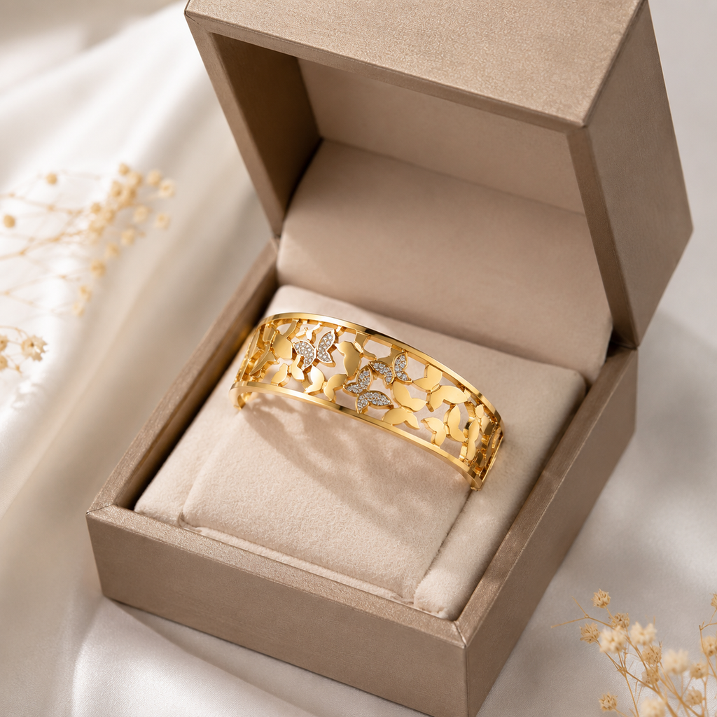 9K Gold Butterfly Bloom Bracelet for Women | Crystal Open Cuff