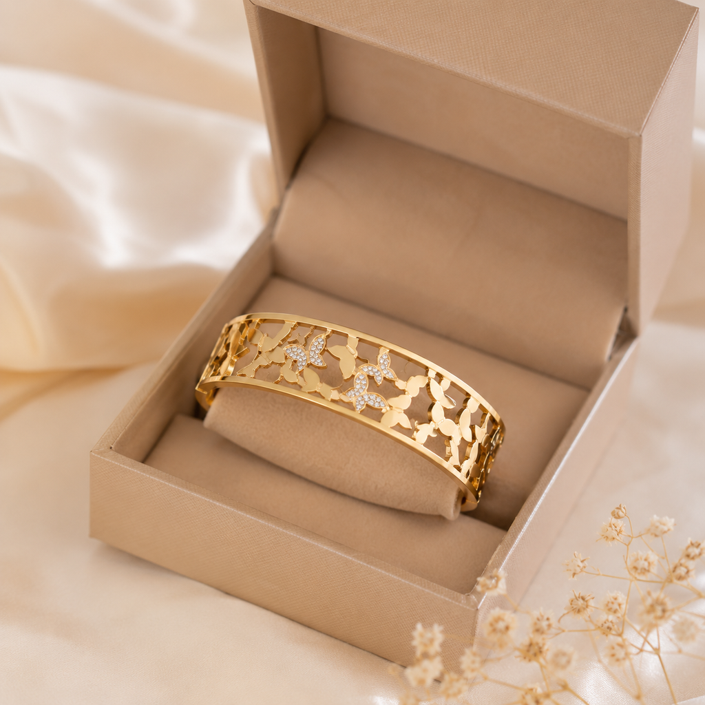 9K Gold Butterfly Bloom Bracelet for Women | Crystal Open Cuff