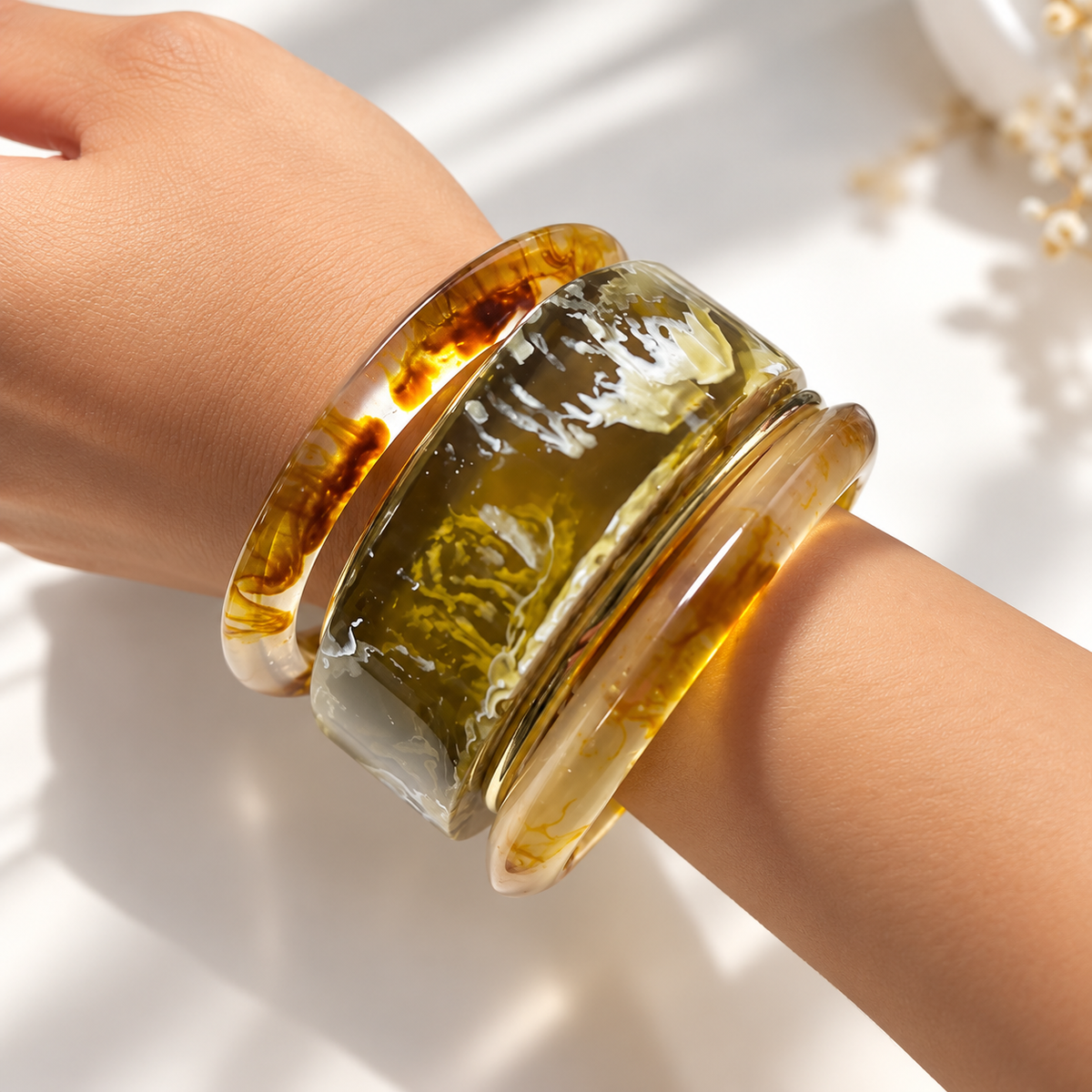 Marbled Amber & Olive Bangle Stack | Thakurani Jewels