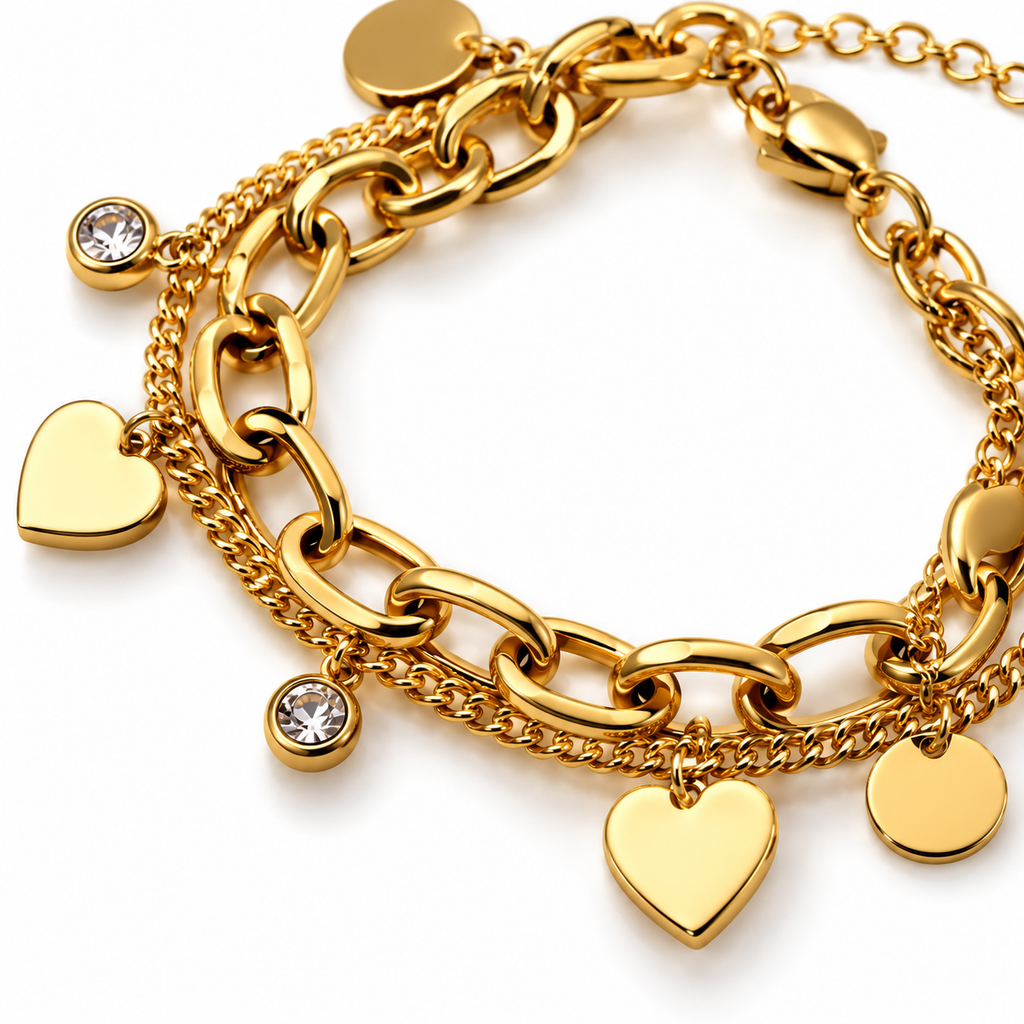 Gold-Tone Multi-Layer Heart & Crystal Charm Bracelet
