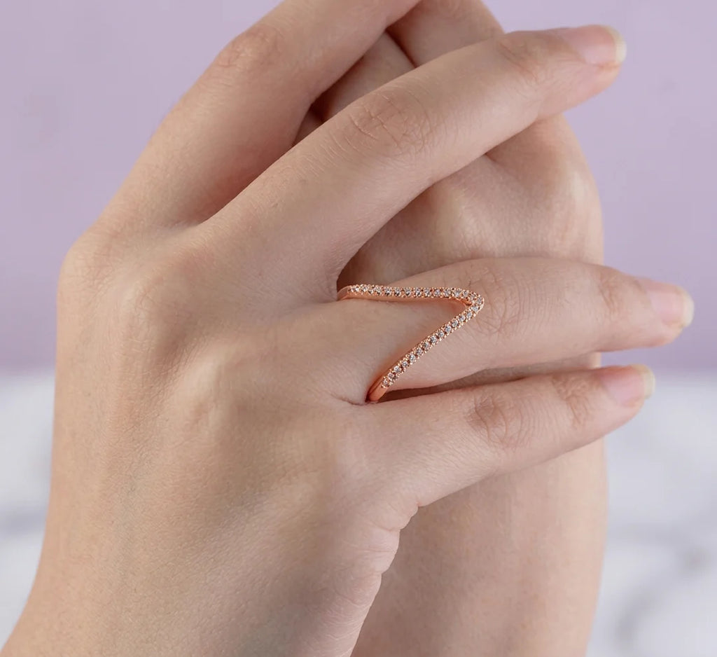 Rose Gold V-Shaped Adjustable Crystal Ring for Women | Anti-Tarnish Open Ring