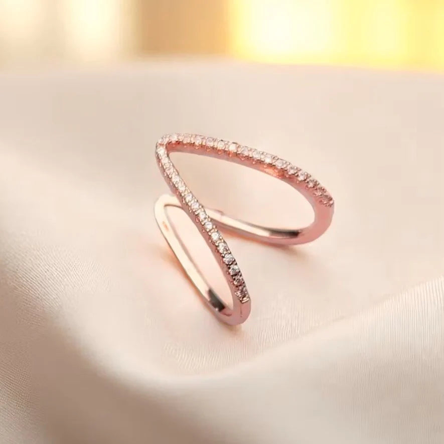 Rose Gold V-Shaped Adjustable Crystal Ring for Women | Anti-Tarnish Open Ring