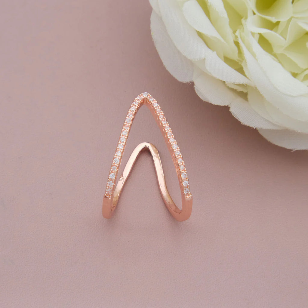 Rose Gold V-Shaped Adjustable Crystal Ring for Women | Anti-Tarnish Open Ring