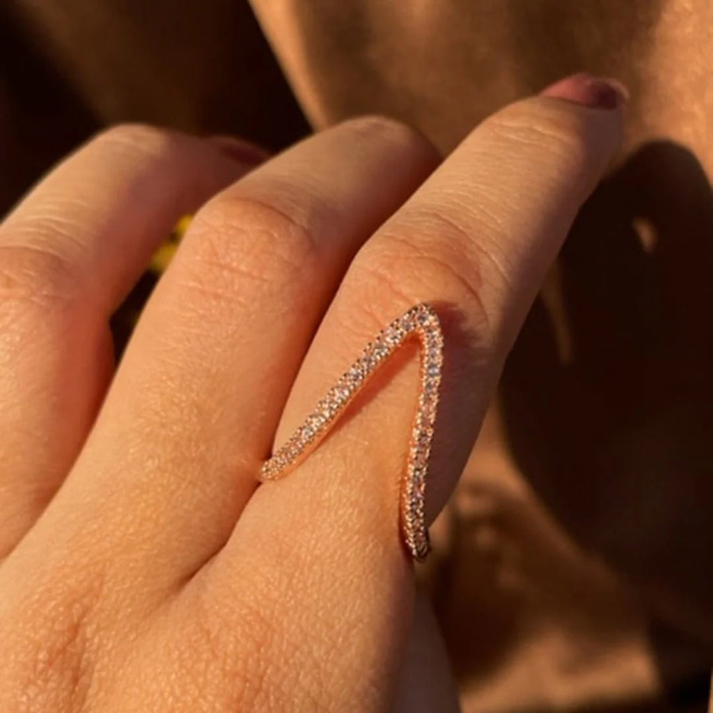 Rose Gold V-Shaped Adjustable Crystal Ring for Women | Anti-Tarnish Open Ring