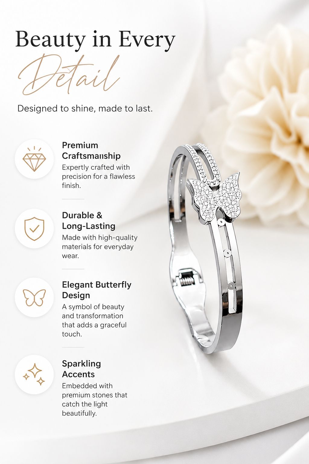 Butterfly Crystal Bangle Bracelet | Silver Cuff for Women | Stylish Gift Jewellery