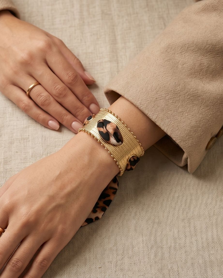 Leopard Print Scarf Bracelet | Gold Adjustable Cuff Bracelet for Women