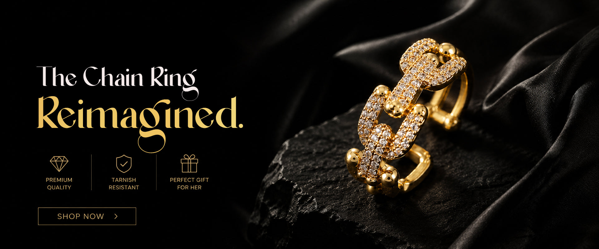 Gold chain link ring with sparkling stones, tarnish-resistant luxury jewelry for women