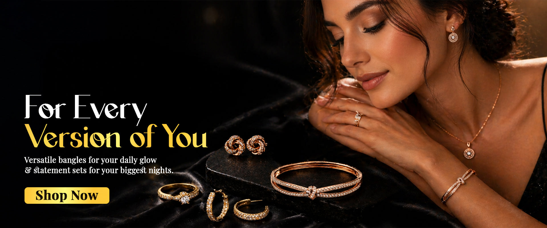 Elegant rose gold jewelry set with diamond accents, including bangles, rings, and earrings for everyday and evening wear