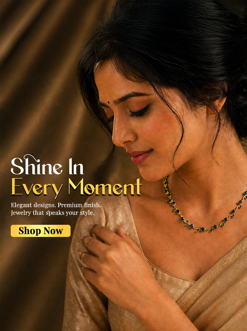 Elegant woman wearing anti-tarnish gold necklace with blue gemstones, perfect for everyday luxury style.