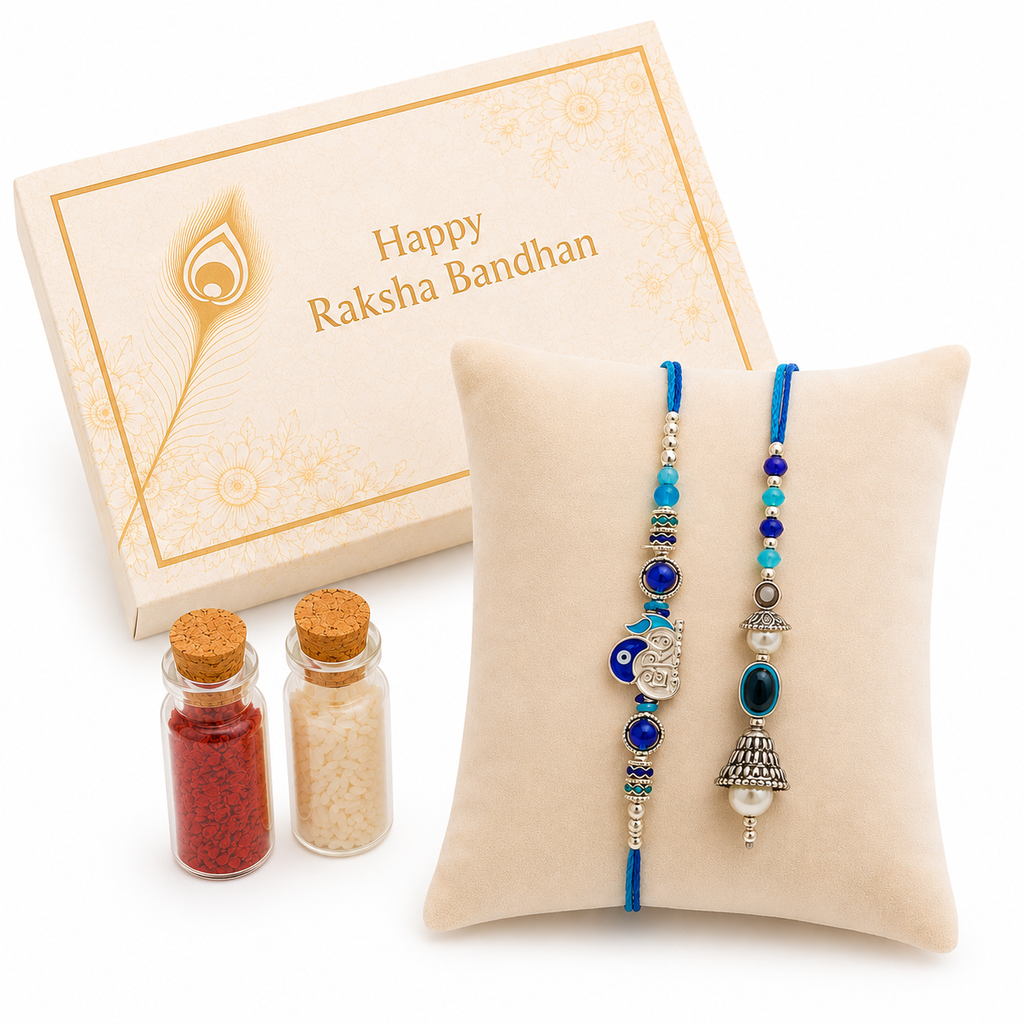 Premium Om Evil Eye Rakhi & Oxidized Jhumki Lumba Set