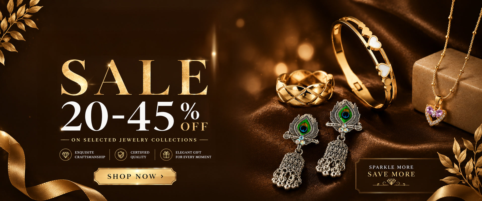 Elegant gold and silver jewelry sale with peacock earrings, heart bangle, and necklace on velvet