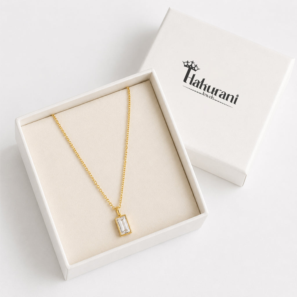 18K Gold Baguette CZ Pendant Necklace — Bezel Set Solitaire