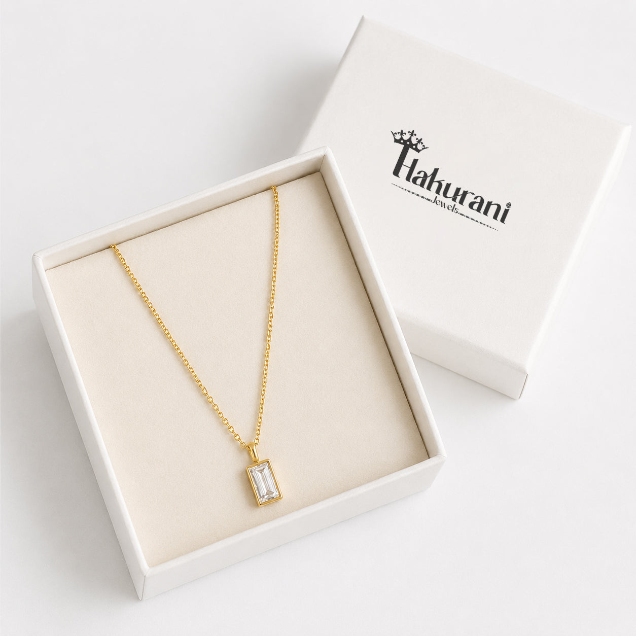 18K Gold Baguette CZ Pendant Necklace — Bezel Set Solitaire