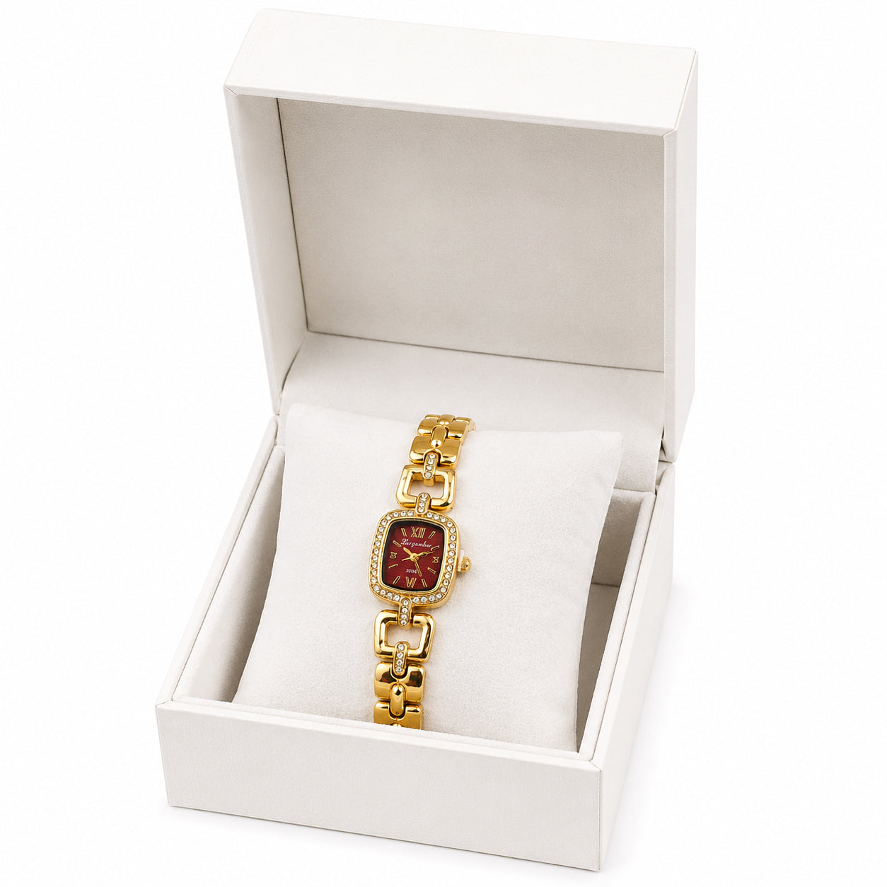 Women's Gold-Tone Bracelet Watch with Crystal Bezel & Burgundy Dial