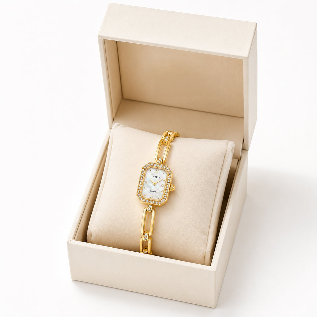X-MILI Women's Gold Quartz Watch – Crystal Bezel & Pearl Dial