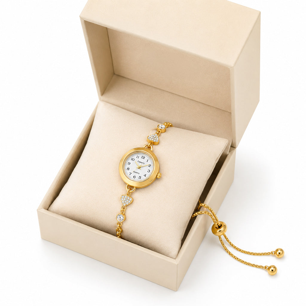 Lepai's Women's Gold Quartz Watch – Heart Crystal Bolo Bracelet