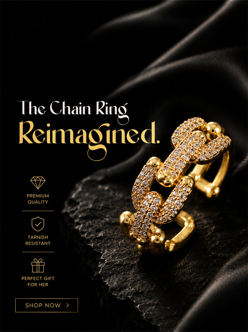 Gold chain link ring with sparkling stones, tarnish resistant luxury jewelry for women